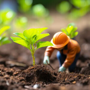Tiny workers in protective helmets plant young trees.